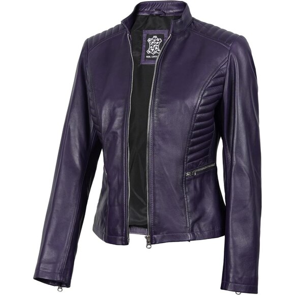 Women's Cafe Racer Style Real Leather Jackets Rachel Purple Zipper Long Sleeves - Picture 1 of 7